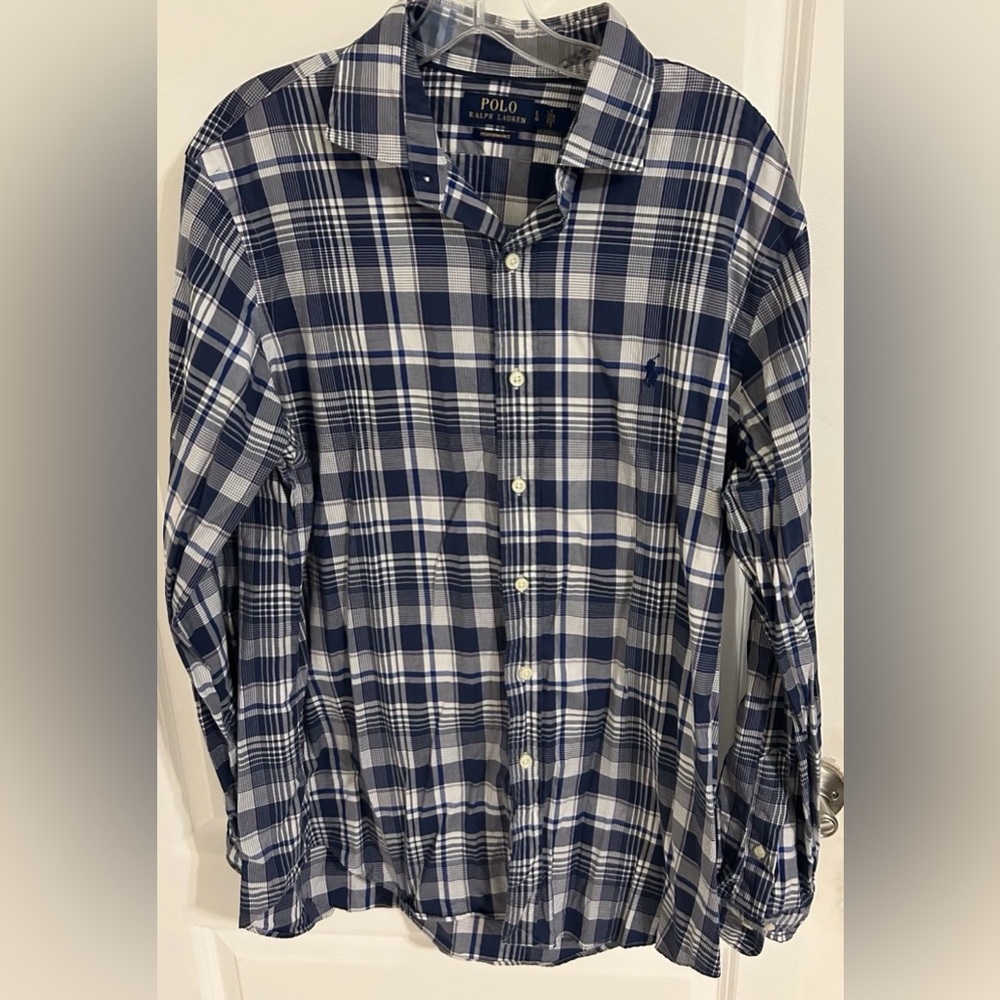 Men’s Polo Ralph Lauren Performance Button Down Plaid Long Sleeve Shirt Blue L